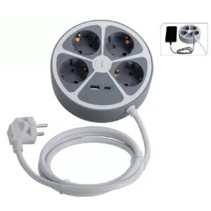 Ronde Stekkerdoos 4 Weg Wit 140cm Aan/Uit +USB A+C